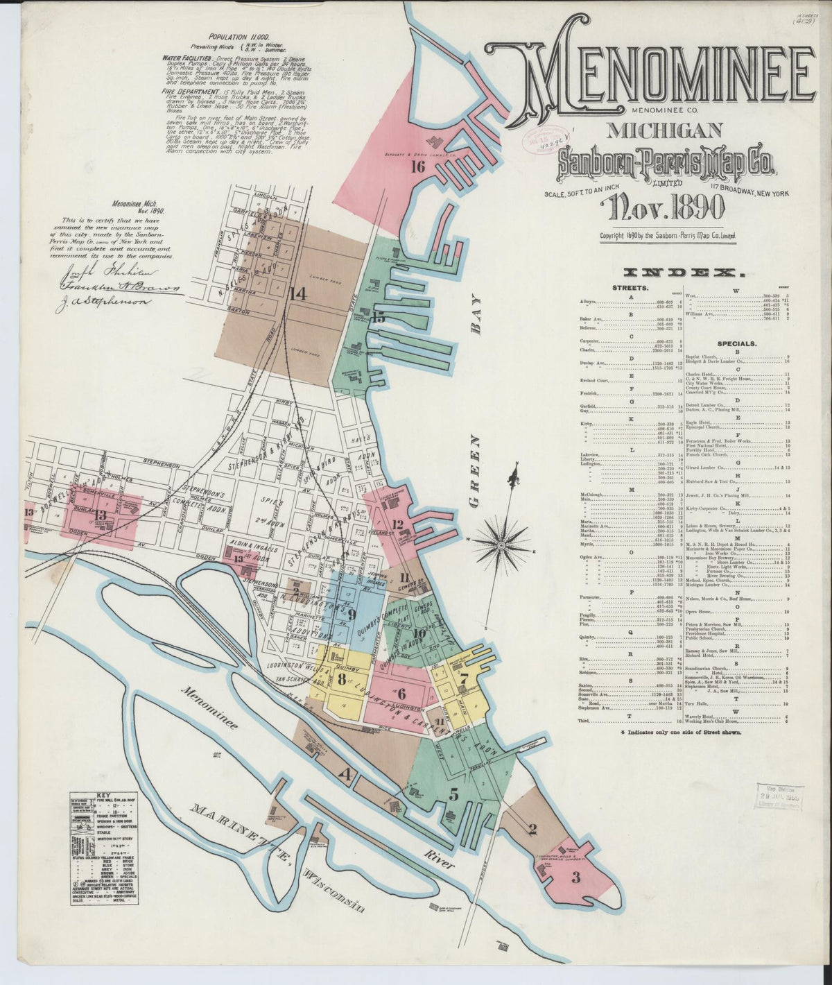 Sanborn Fire Insurance Map from Menominee, Menominee County, Michigan (1890), Sheet #0001 - Historic Sanborn Fire Insurance Map Print, vintage old map wall art, antique decor, genealogy gift, Michigan Michigan map