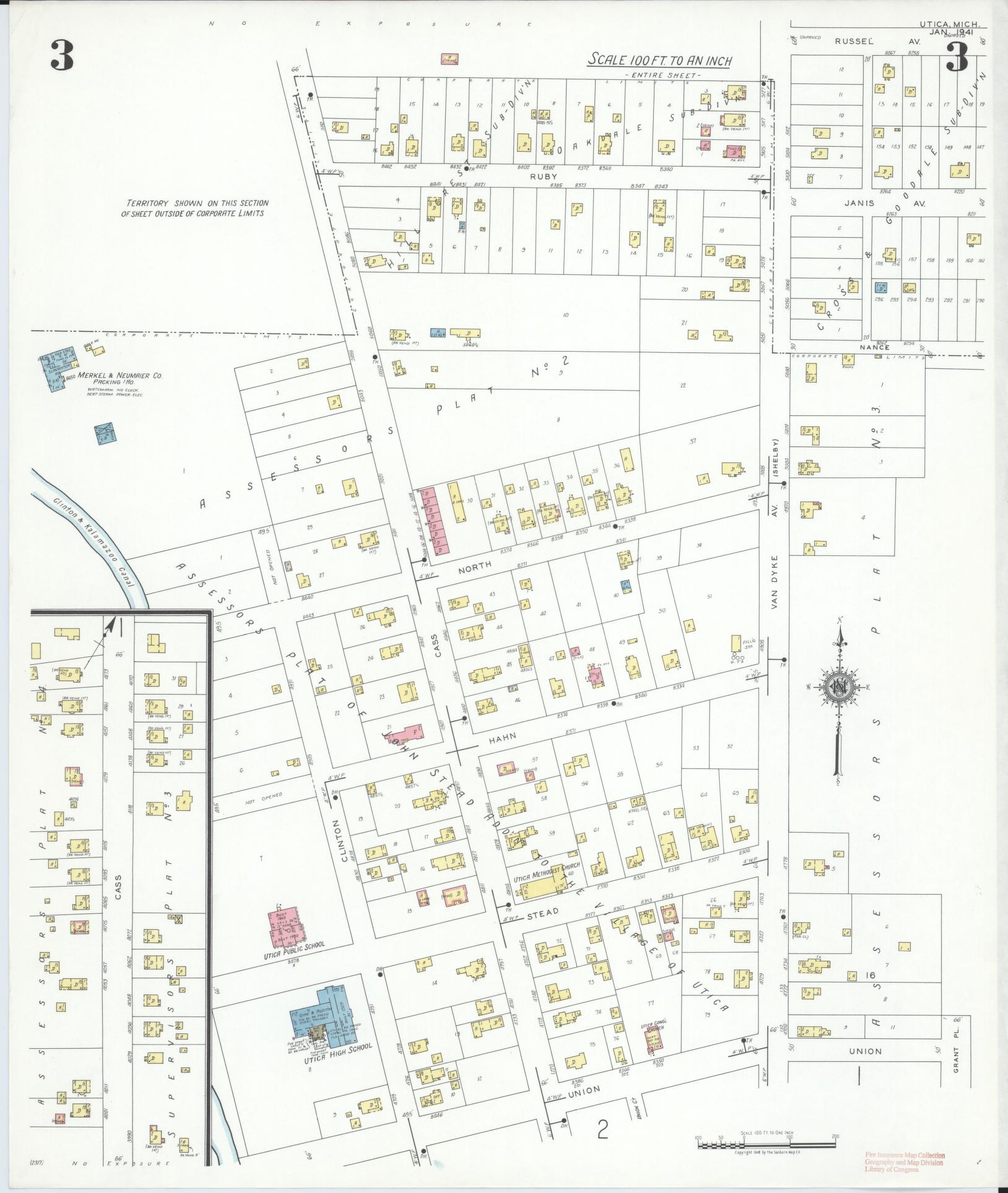 Sanborn Fire Insurance Map from Utica, Macomb County, Michigan (1941), Sheet #0003 - Complete Map Set gallery image, historic Sanborn map, vintage wall art, Michigan Michigan