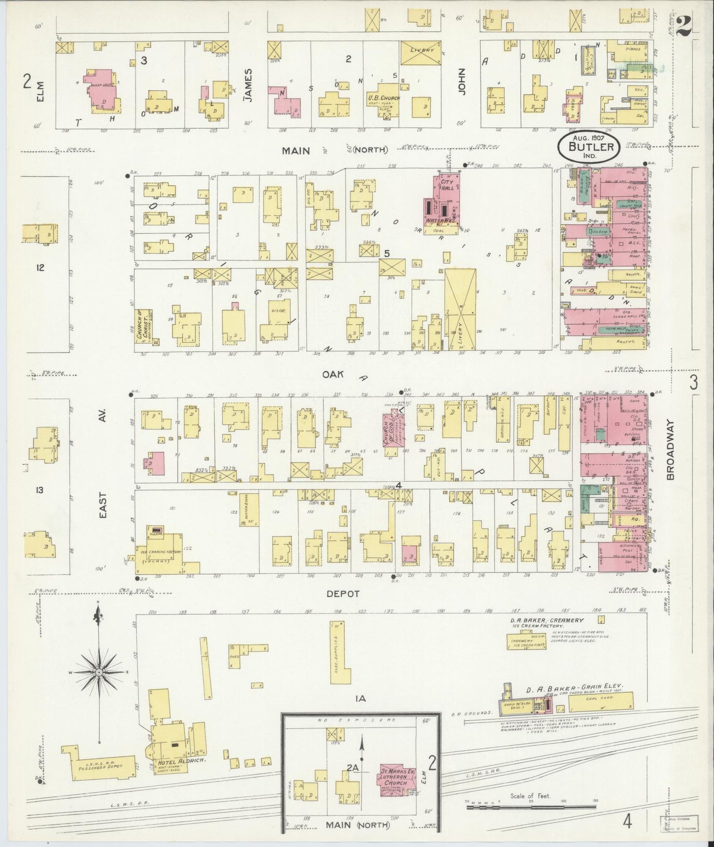 Sanborn Fire Insurance Map from Butler, De Kalb County, Indiana (1907), Sheet #0002 - Complete Map Set gallery image, historic Sanborn map, vintage wall art, Indiana Indiana