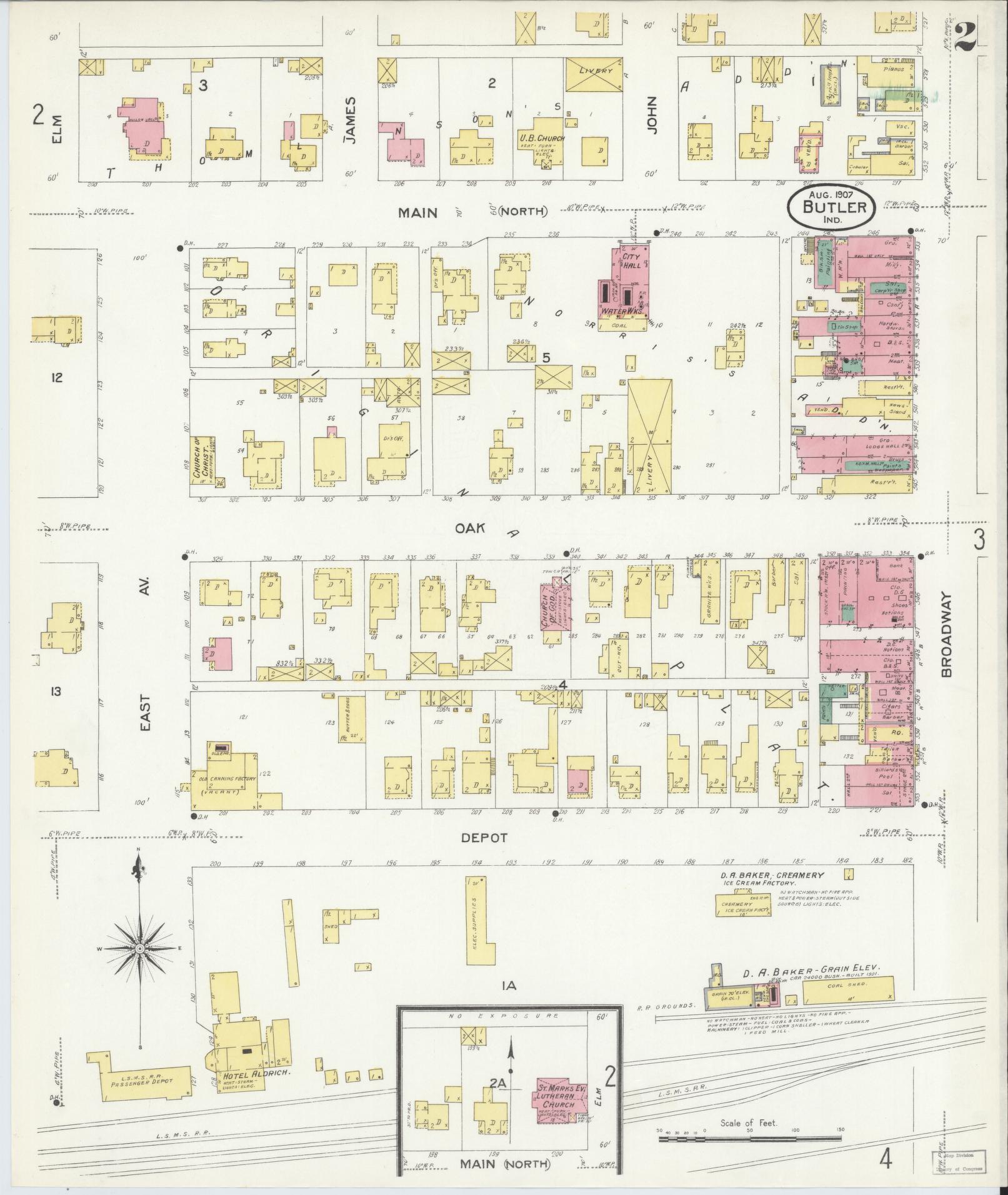 Sanborn Fire Insurance Map from Butler, De Kalb County, Indiana (1907), Sheet #0002 - Complete Map Set gallery image, historic Sanborn map, vintage wall art, Indiana Indiana