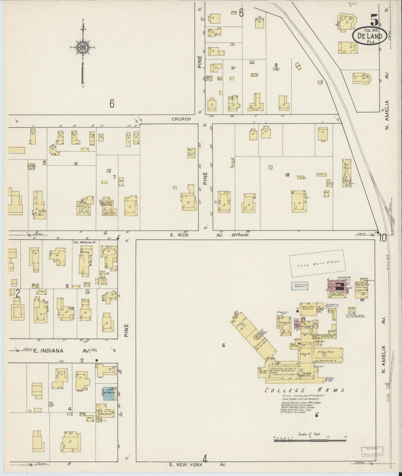 Sanborn Fire Insurance Map from De Land, Volusia County, Florida (1915), Sheet #0005 - Complete Map Set gallery image, historic Sanborn map, vintage wall art, Florida Florida