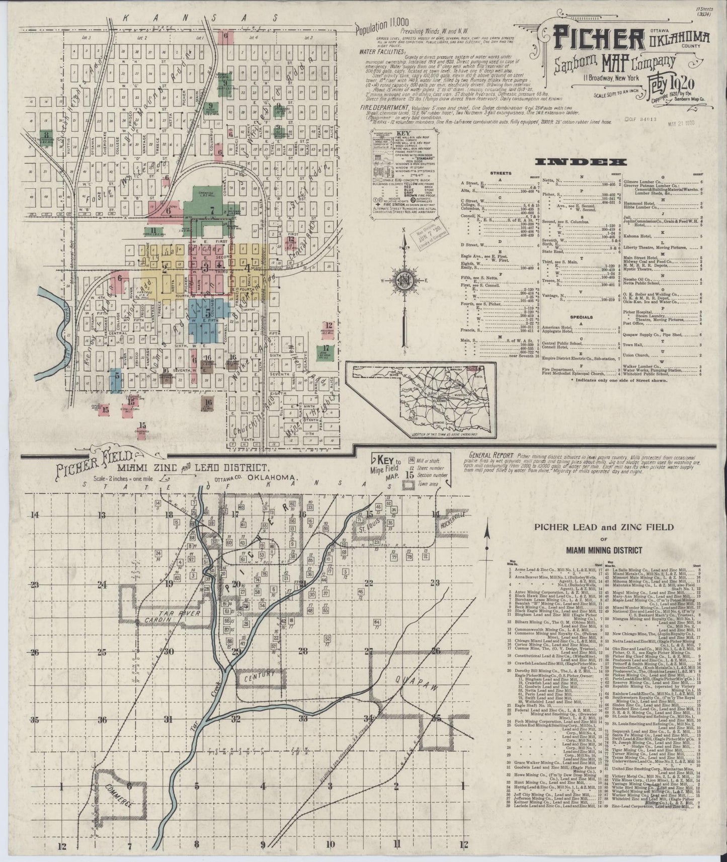 Sanborn Fire Insurance Map from Picher, Ottawa County, Oklahoma (1920), Sheet #0001 - Complete Map Set gallery image, historic Sanborn map, vintage wall art, Oklahoma Oklahoma