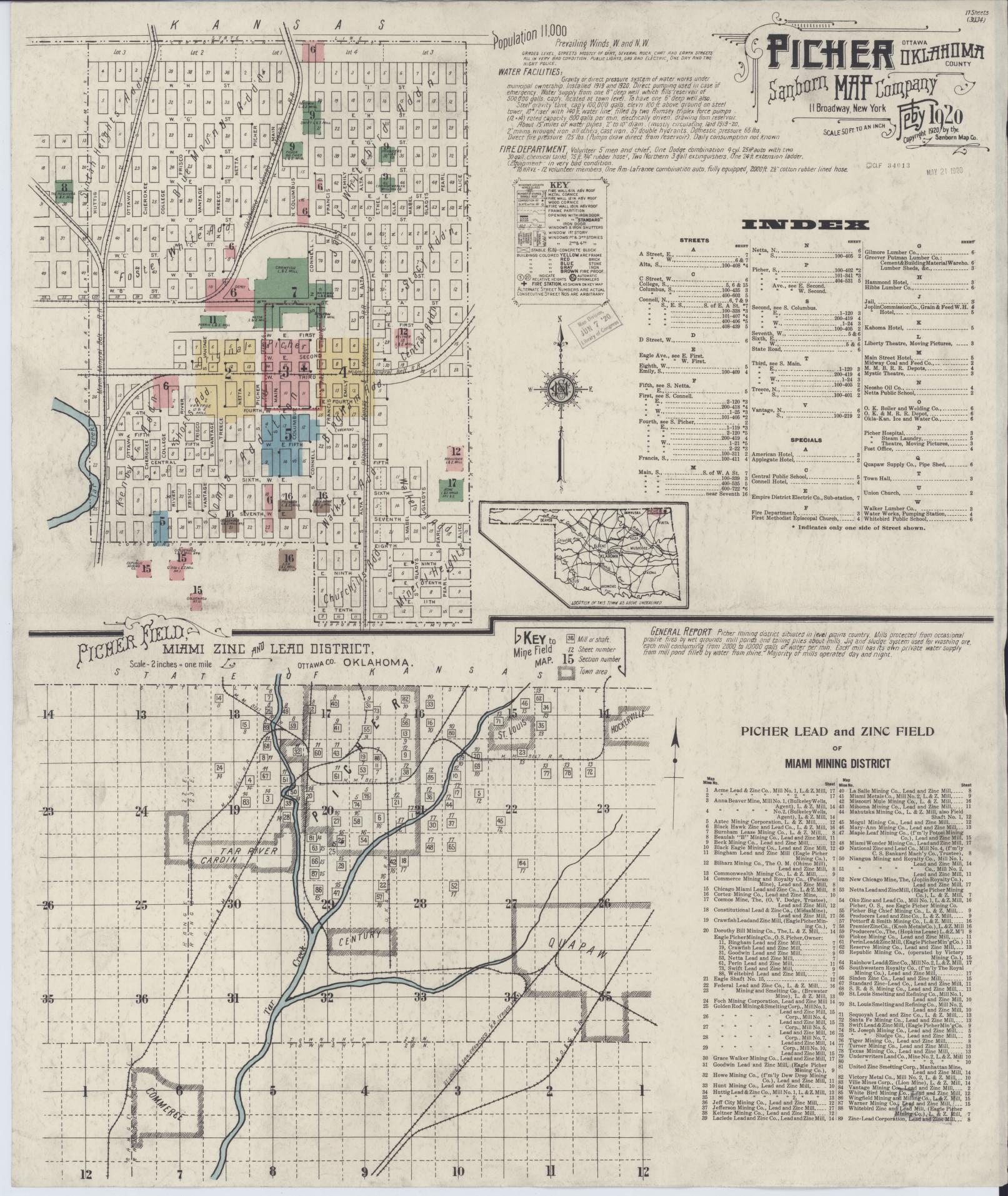 Sanborn Fire Insurance Map from Picher, Ottawa County, Oklahoma (1920), Sheet #0001 - Complete Map Set gallery image, historic Sanborn map, vintage wall art, Oklahoma Oklahoma