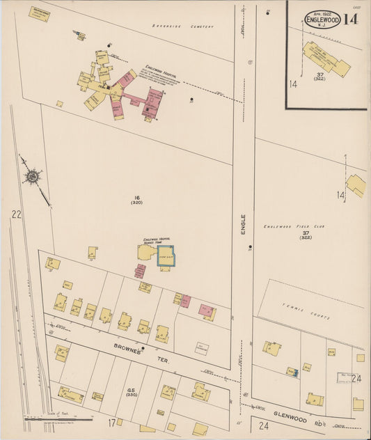 Sanborn Fire Insurance Map from Englewood, Bergen County, New Jersey (1922), Sheet #0014 - Historic Sanborn Fire Insurance Map Print, vintage old map wall art, antique decor, genealogy gift, New Jersey New Jersey map