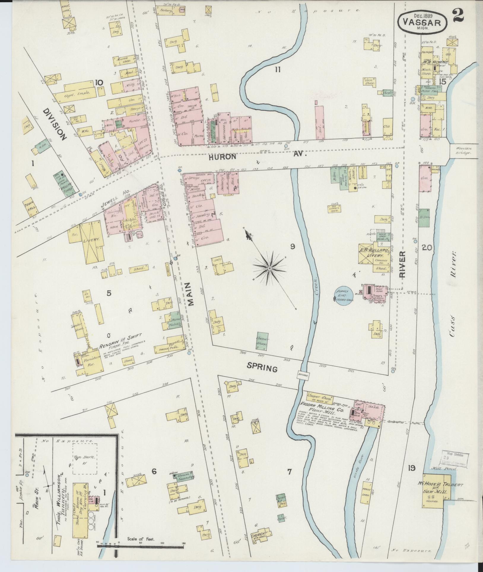Sanborn Fire Insurance Map from Vassar, Tuscola County, Michigan (1889), Sheet #0002 - Historic Sanborn Fire Insurance Map Print, vintage old map wall art, antique decor, genealogy gift, Michigan Michigan map