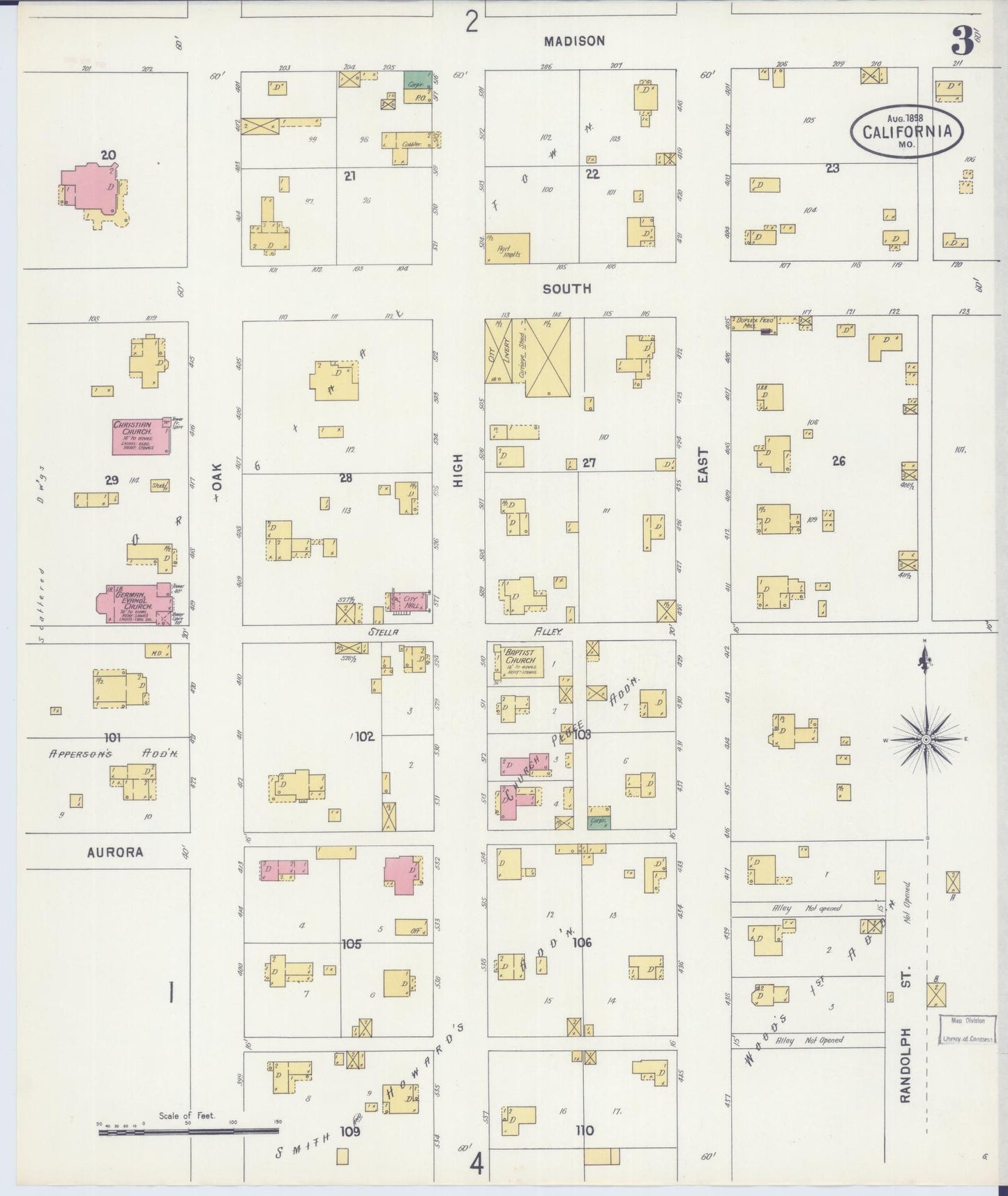 Sanborn Fire Insurance Map from California, Moniteau County, Missouri (1898), Sheet #0003 - Complete Map Set gallery image, historic Sanborn map, vintage wall art, Missouri Missouri