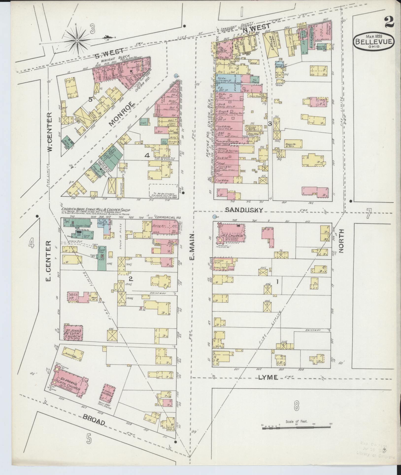 Sanborn Fire Insurance Map from Bellevue, Huron And Sandusky County, Ohio (1893), Sheet #0002 - Complete Map Set gallery image, historic Sanborn map, vintage wall art, Ohio Ohio
