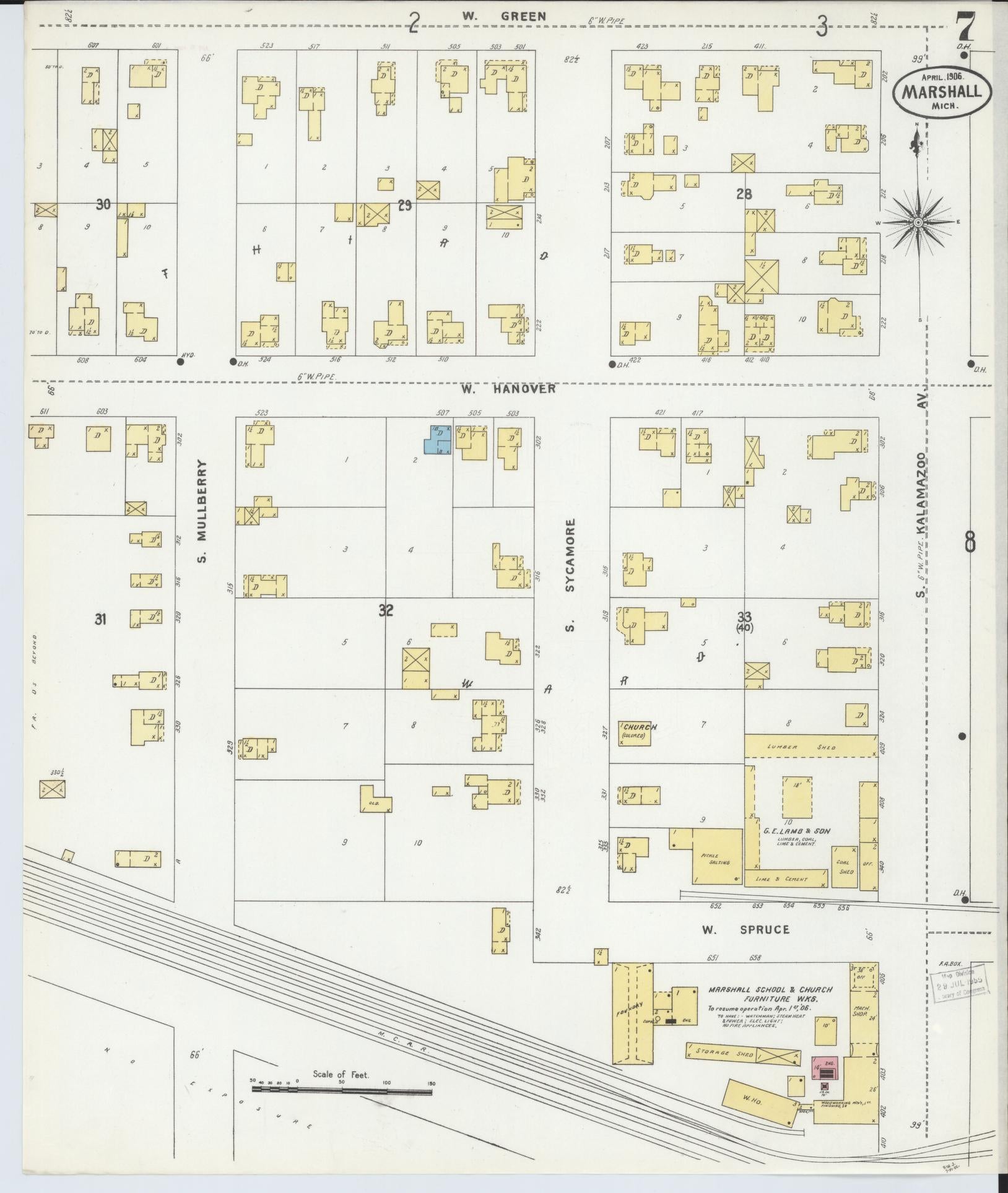 Sanborn Fire Insurance Map from Marshall, Calhoun County, Michigan (1906), Sheet #0007 - Complete Map Set gallery image, historic Sanborn map, vintage wall art, Michigan Michigan