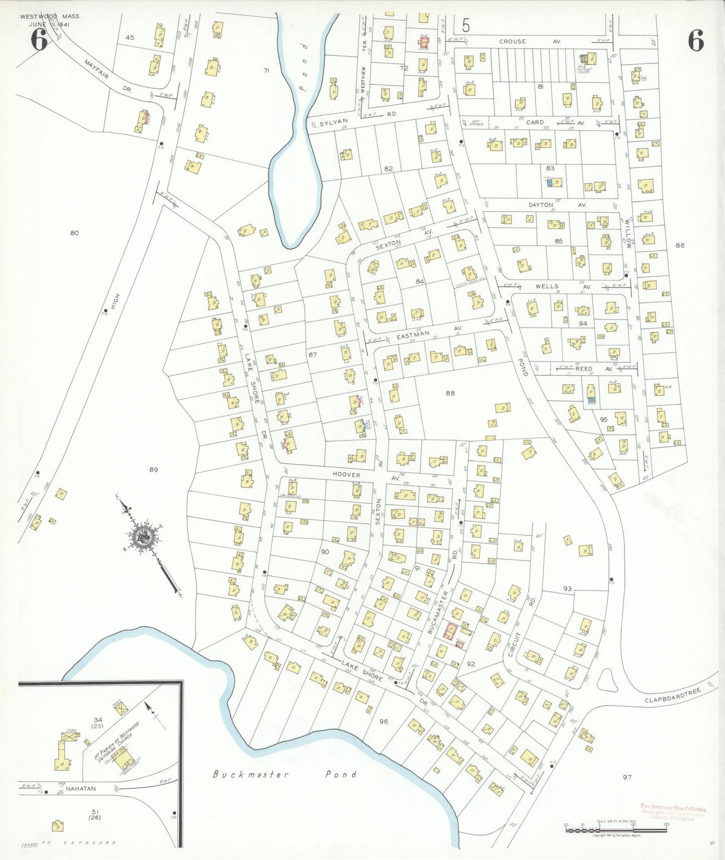 Sanborn Fire Insurance Map from Westwood, Norfolk County, Massachusetts (1941), Sheet #0006 - Complete Map Set gallery image, historic Sanborn map, vintage wall art, Massachusetts Massachusetts