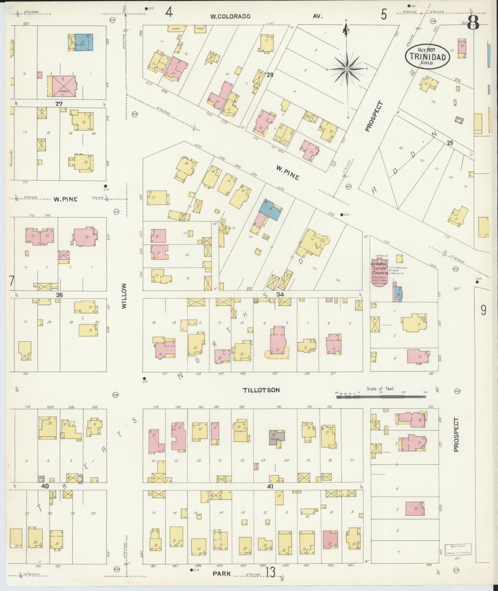 Sanborn Fire Insurance Map from Trinidad, Las Animas County, Colorado (1907), Sheet #0008 - Complete Map Set gallery image, historic Sanborn map, vintage wall art, Colorado Colorado