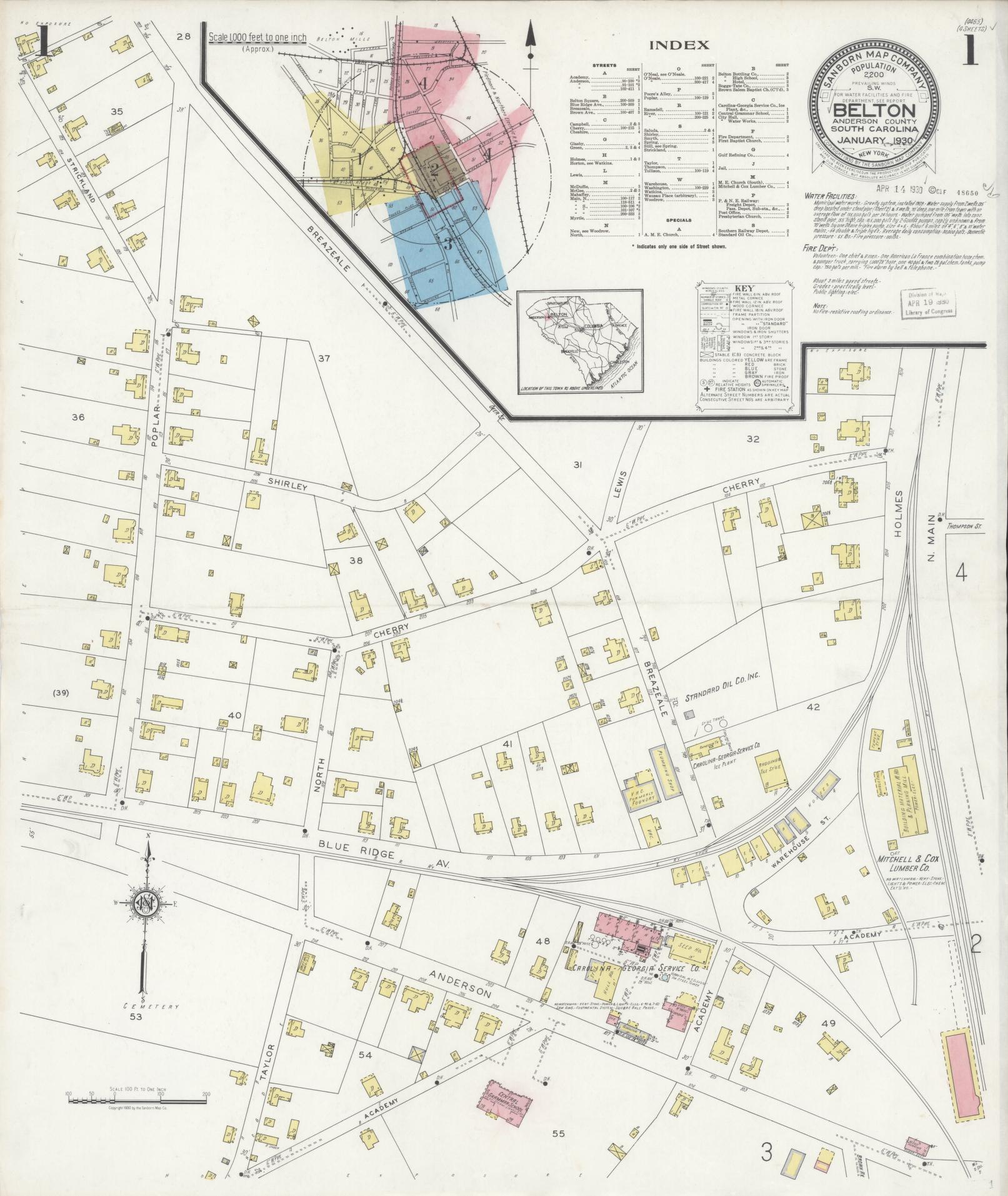 Sanborn Fire Insurance Map from Belton, Anderson County, South Carolina (1930), Sheet #0001 - Complete Map Set gallery image, historic Sanborn map, vintage wall art, South Carolina South Carolina