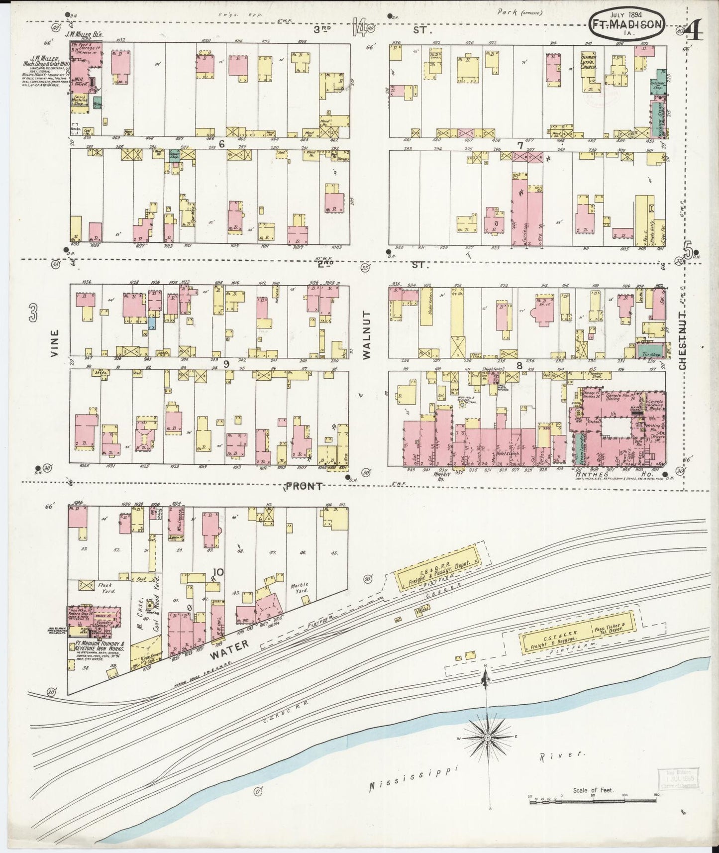 Sanborn Fire Insurance Map from Fort Madison, Lee County, Iowa (1894), Sheet #0004 - Historic Sanborn Fire Insurance Map Print, vintage old map wall art