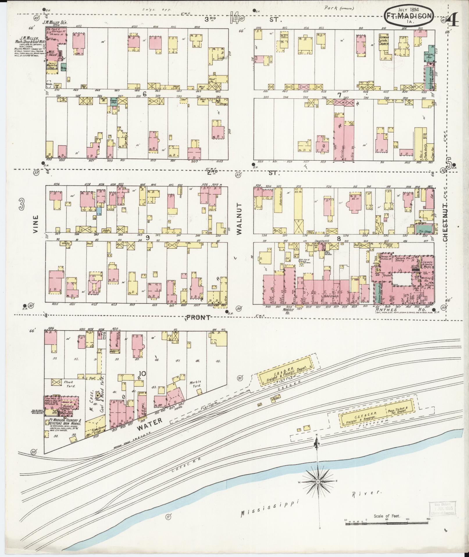 Sanborn Fire Insurance Map from Fort Madison, Lee County, Iowa (1894), Sheet #0004 - Historic Sanborn Fire Insurance Map Print, vintage old map wall art