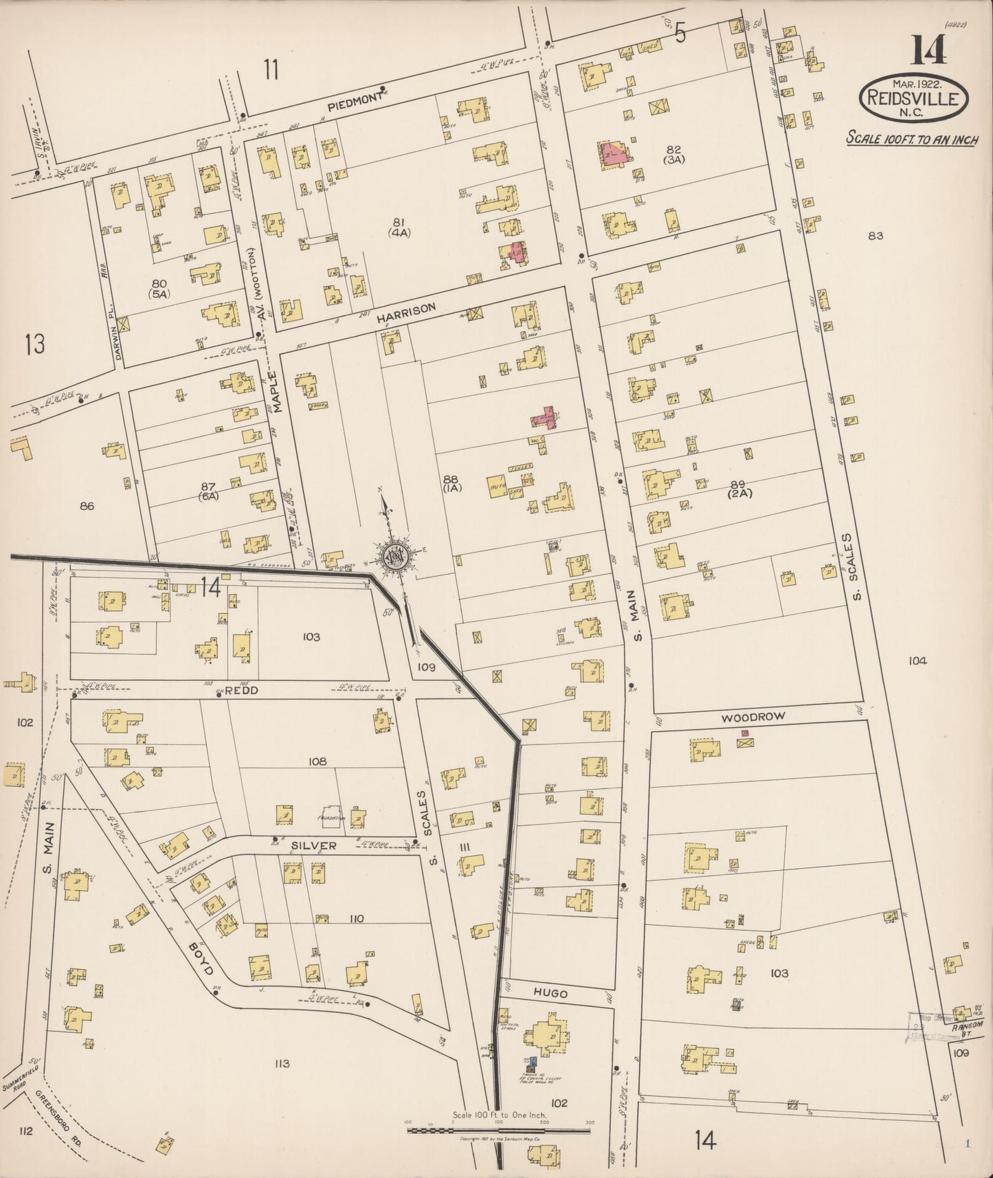 Sanborn Fire Insurance Map from Reidsville, Rockingham County, North Carolina (1922), Sheet #0014 - Complete Map Set gallery image, historic Sanborn map, vintage wall art, North Carolina North Carolina