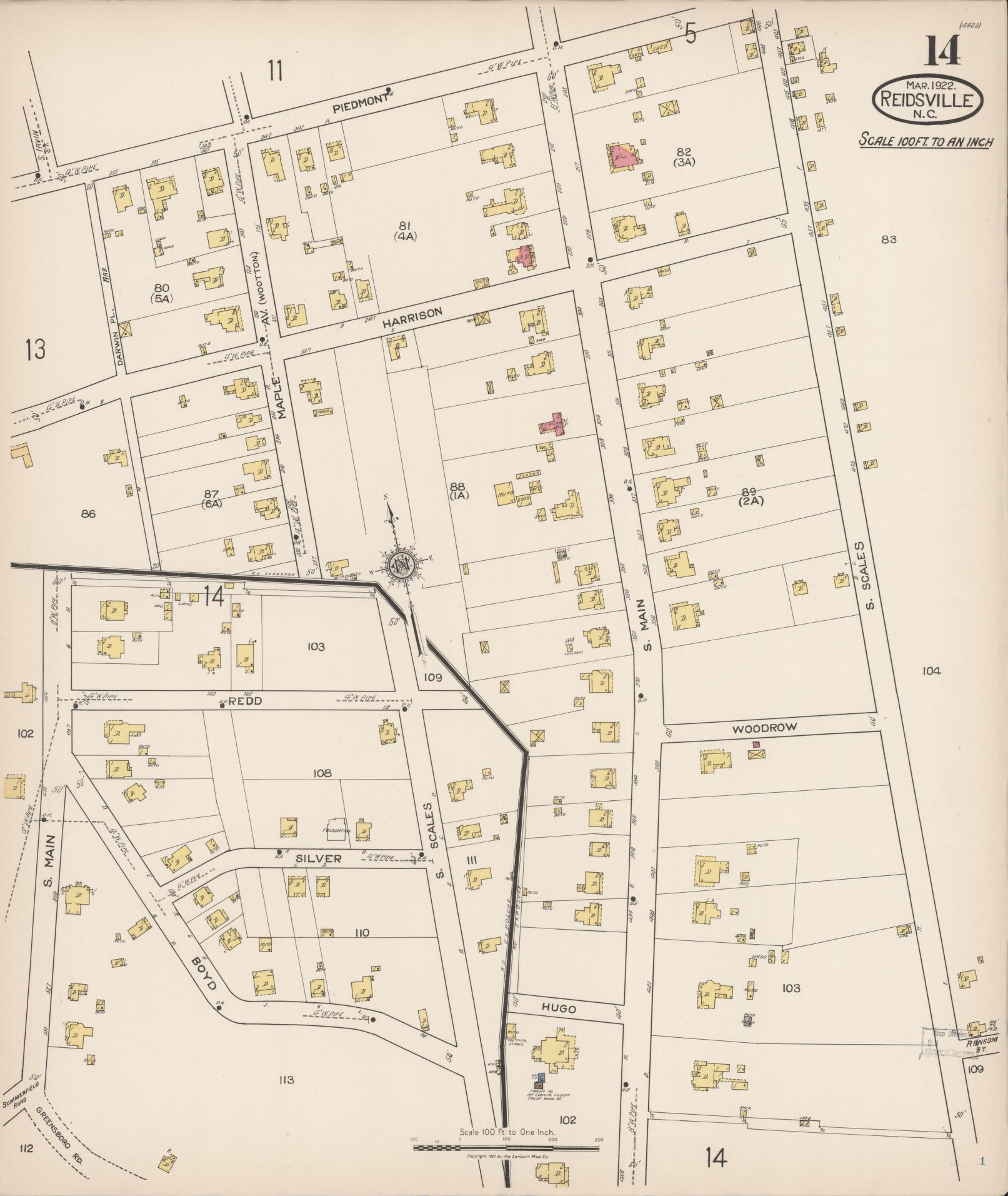 Sanborn Fire Insurance Map from Reidsville, Rockingham County, North Carolina (1922), Sheet #0014 - Complete Map Set gallery image, historic Sanborn map, vintage wall art, North Carolina North Carolina