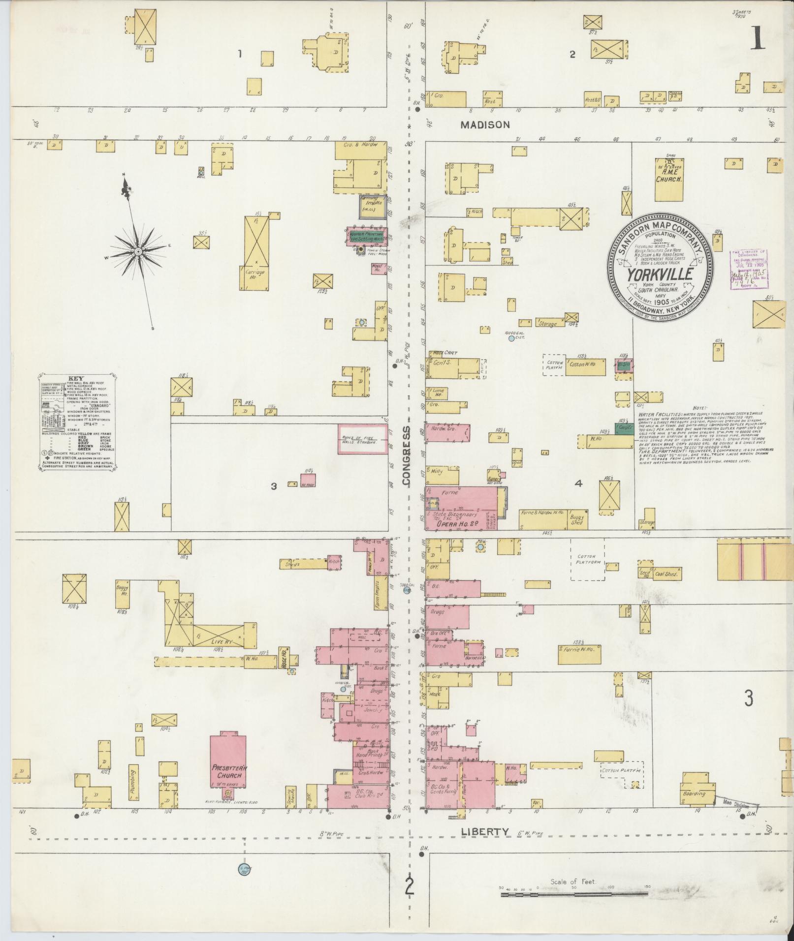 Sanborn Fire Insurance Map from York[ville], York County, South Carolina (1905), Sheet #0001 - Complete Map Set gallery image, historic Sanborn map, vintage wall art, South Carolina South Carolina