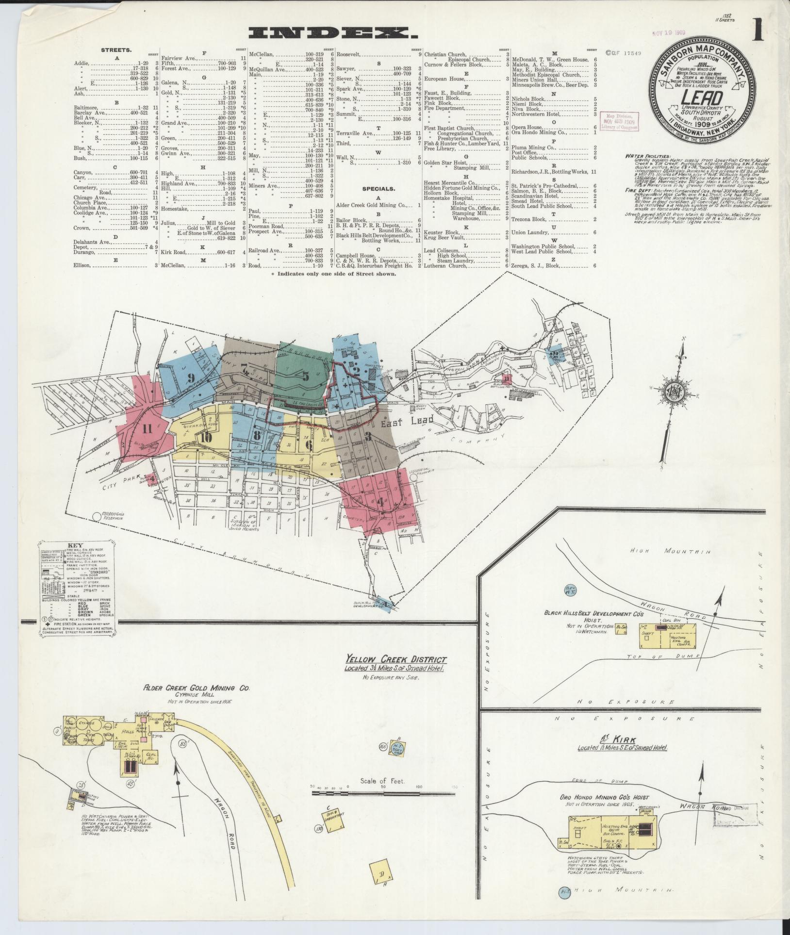 Sanborn Fire Insurance Map from Lead, Lawrence County, South Dakota (1909), Sheet #0001 - Historic Sanborn Fire Insurance Map Print, vintage old map wall art, antique decor, genealogy gift, South Dakota South Dakota map