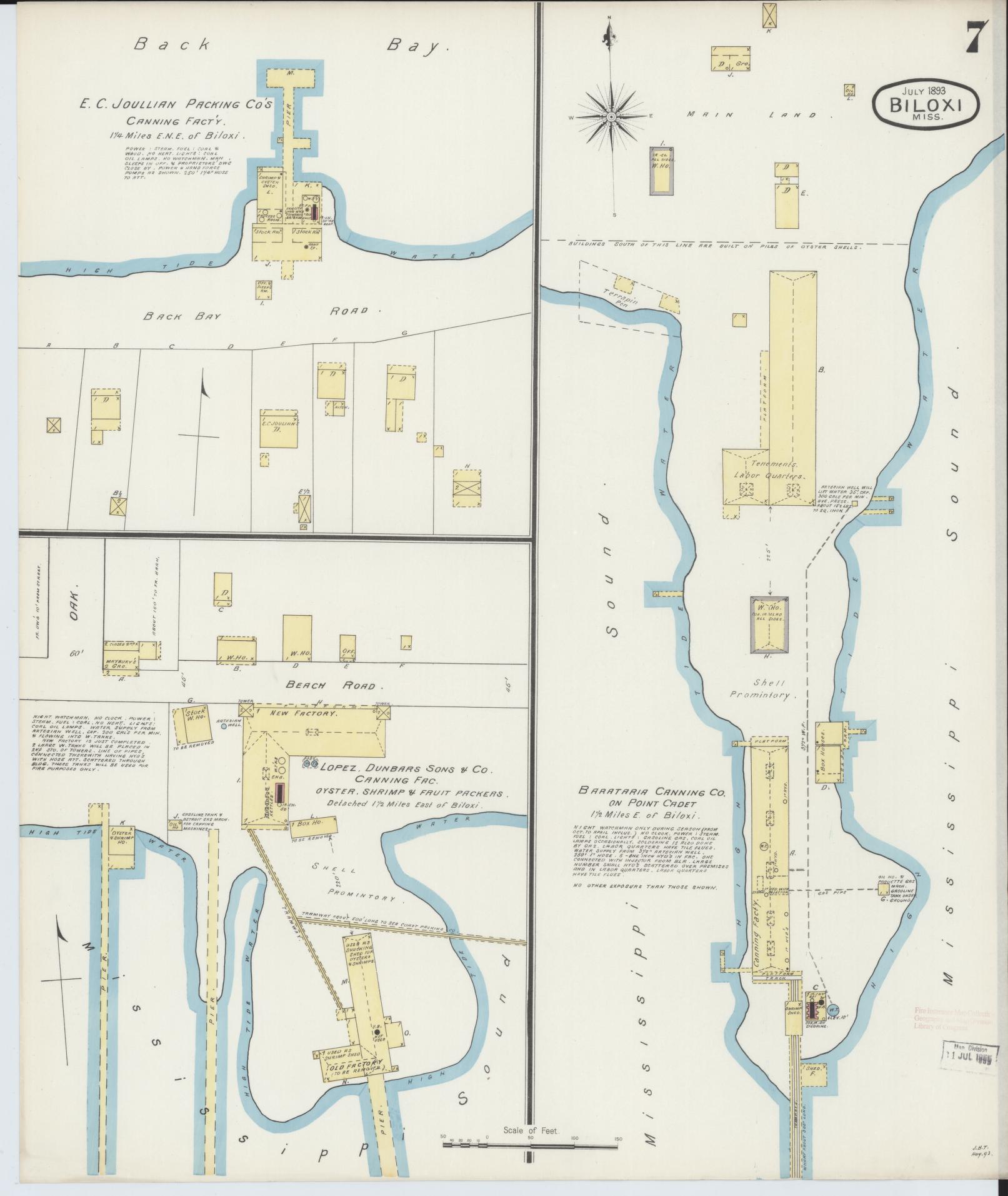 Sanborn Fire Insurance Map from Biloxi, Harrison County, Mississippi (1893), Sheet #0007 - Historic Sanborn Fire Insurance Map Print, vintage old map wall art, antique decor, genealogy gift, Mississippi Mississippi map