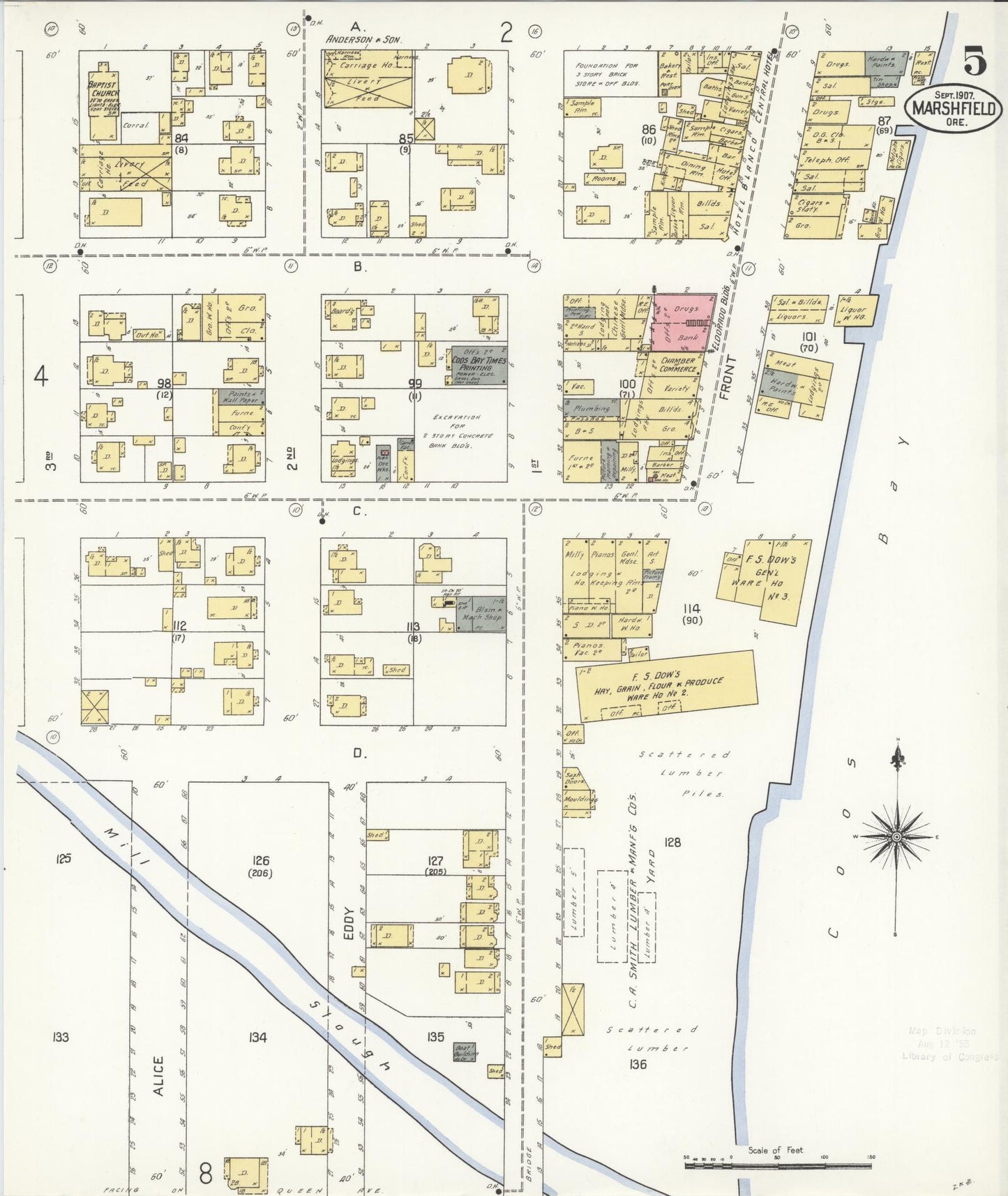Sanborn Fire Insurance Map from Marshfield, Coos County, Oregon (1907), Sheet #0005 - Historic Sanborn Fire Insurance Map Print, vintage old map wall art, antique decor, genealogy gift, Oregon Oregon map