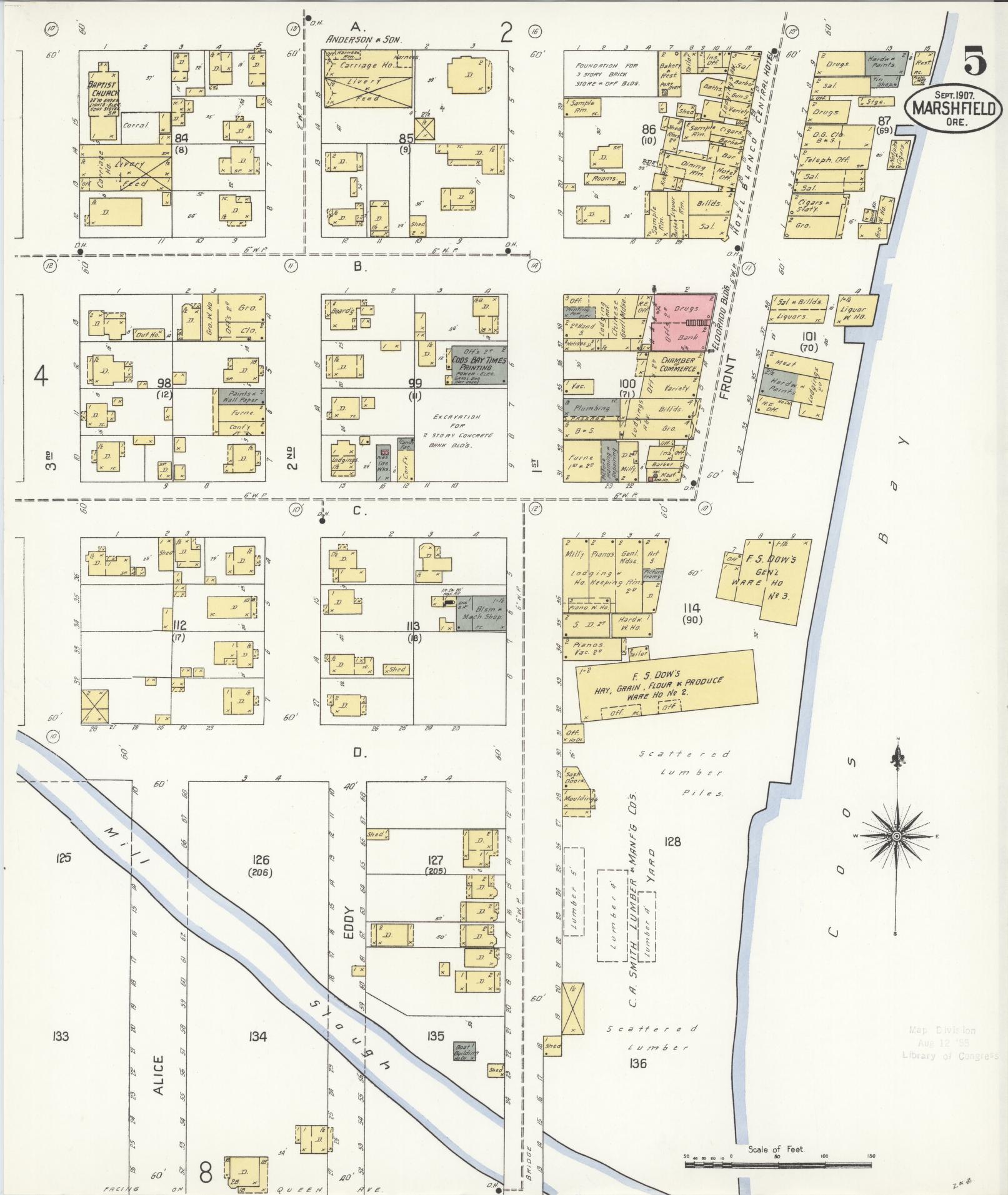 Sanborn Fire Insurance Map from Marshfield, Coos County, Oregon (1907), Sheet #0005 - Historic Sanborn Fire Insurance Map Print, vintage old map wall art, antique decor, genealogy gift, Oregon Oregon map