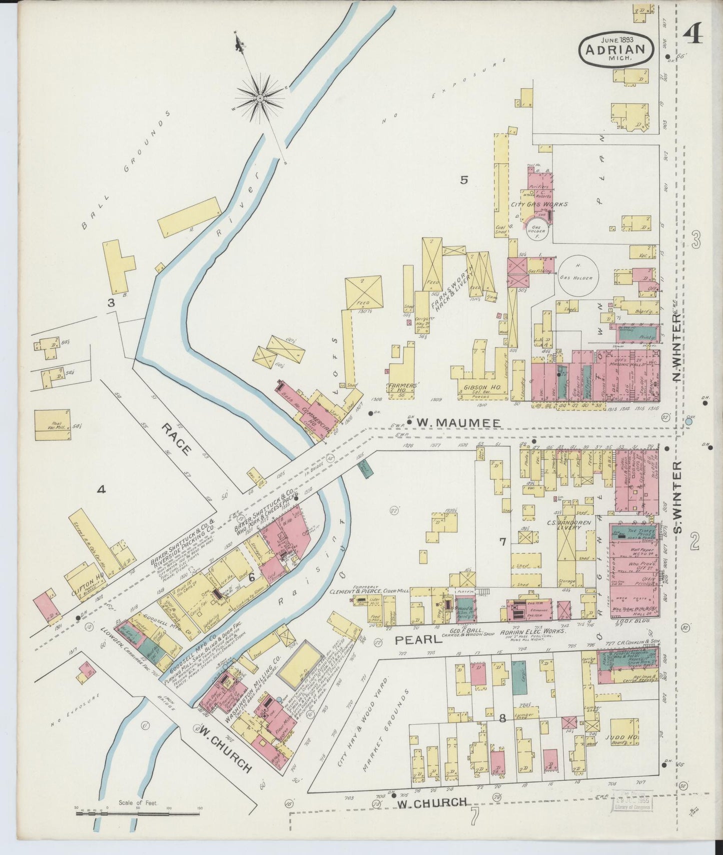 Sanborn Fire Insurance Map from Adrian, Lenawee County, Michigan (1893), Sheet #0004 - Complete Map Set gallery image, historic Sanborn map, vintage wall art, Michigan Michigan