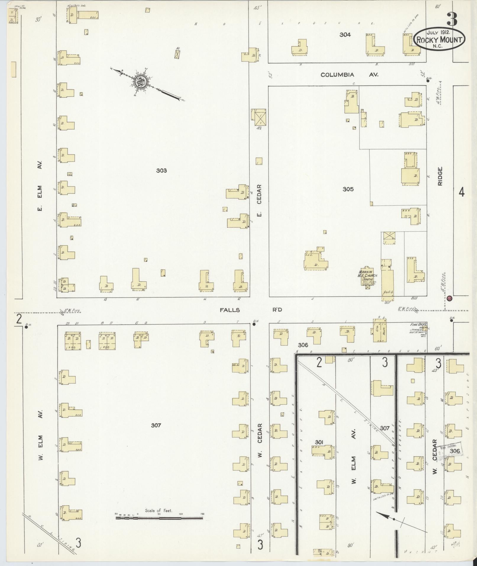 Sanborn Fire Insurance Map from Rocky Mount, Edgecombe And Nash Counties, North Carolina (1912), Sheet #0003 - Historic Sanborn Fire Insurance Map Print, vintage old map wall art, antique decor, genealogy gift, North Carolina North Carolina map