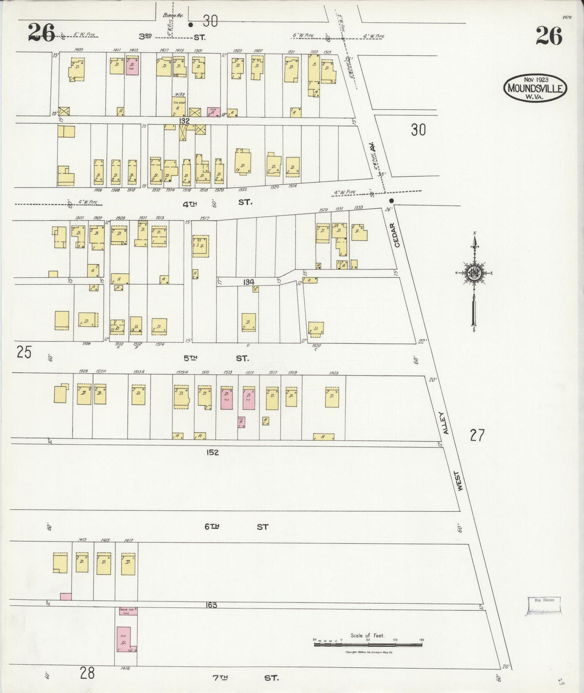 Sanborn Fire Insurance Map from Moundsville, Marshall County, West Virginia (1923), Sheet #0026 - Complete Map Set gallery image, historic Sanborn map, vintage wall art, West Virginia West Virginia