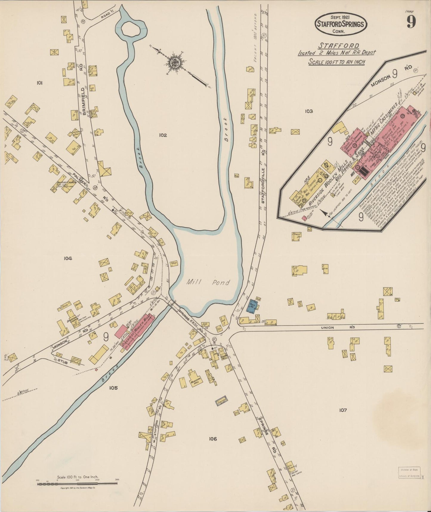 Sanborn Fire Insurance Map from Stafford Springs, Tolland County, Connecticut (1921), Sheet #0009 - Historic Sanborn Fire Insurance Map Print, vintage old map wall art, antique decor, genealogy gift, Connecticut Connecticut map