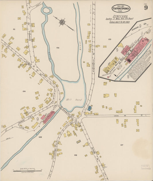 Sanborn Fire Insurance Map from Stafford Springs, Tolland County, Connecticut (1921), Sheet #0009 - Historic Sanborn Fire Insurance Map Print, vintage old map wall art, antique decor, genealogy gift, Connecticut Connecticut map