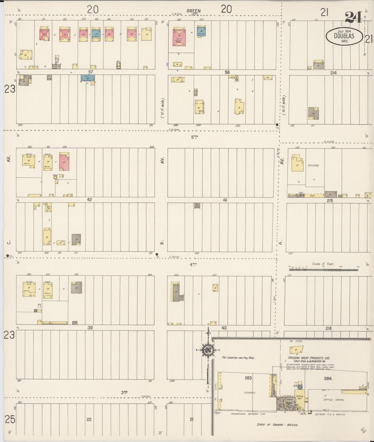 Sanborn Fire Insurance Map from Douglas, Cochise County, Arizona (1914), Sheet #0024 - Historic Sanborn Fire Insurance Map Print, vintage old map wall art, antique decor, genealogy gift, Arizona Arizona map