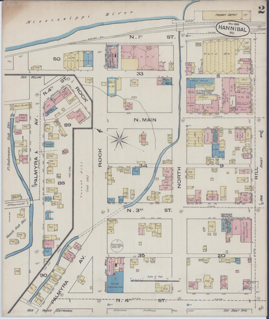 Sanborn Fire Insurance Map from Hannibal, Marion County, Missouri (1885), Sheet #0002 - Historic Sanborn Fire Insurance Map Print, vintage old map wall art, antique decor, genealogy gift, Missouri Missouri map