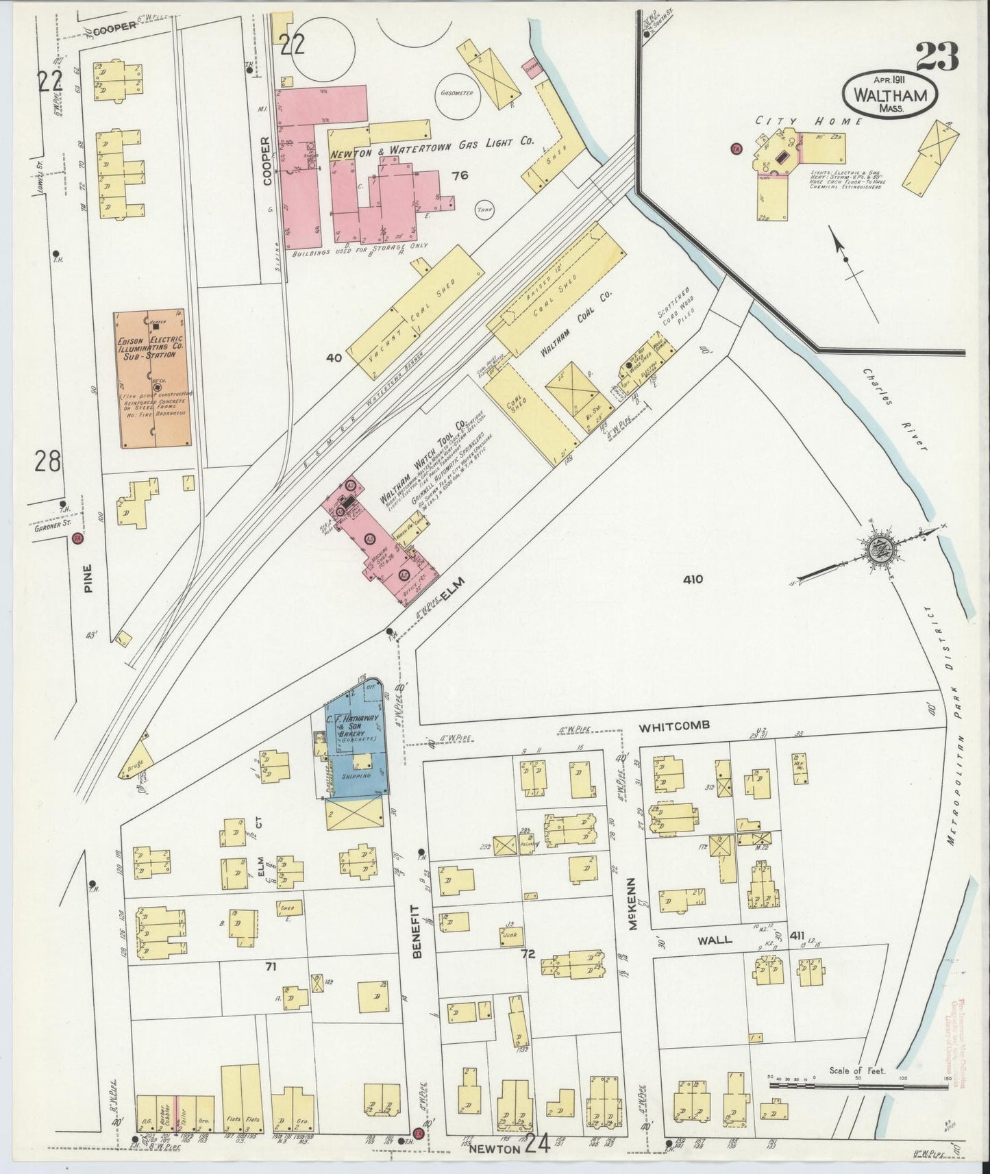 Sanborn Fire Insurance Map from Waltham, Middlesex County, Massachusetts (1911), Sheet #0023 - Historic Sanborn Fire Insurance Map Print, vintage old map wall art, antique decor, genealogy gift, Massachusetts Massachusetts map