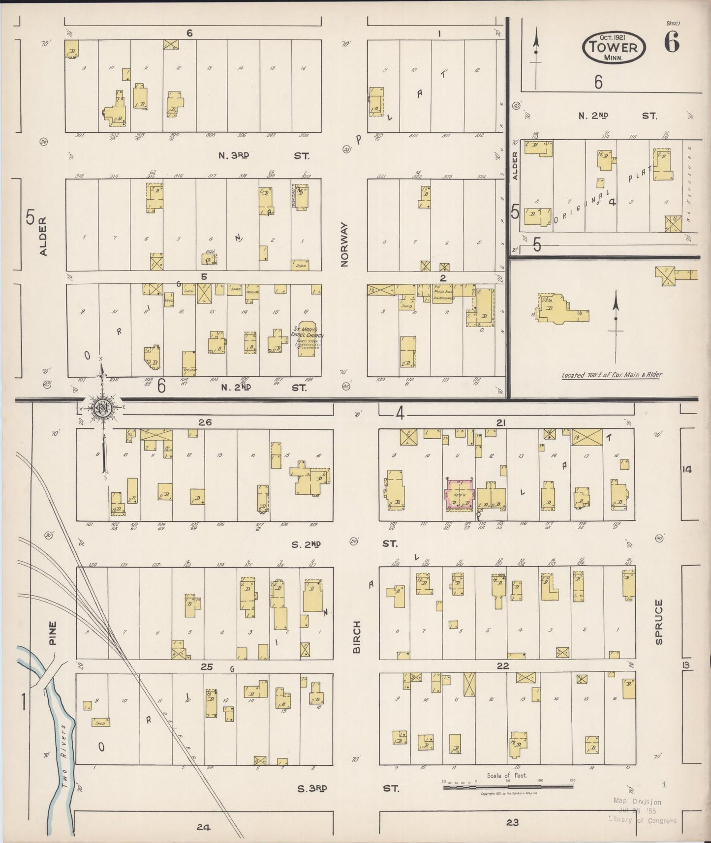 Sanborn Fire Insurance Map from Tower, Saint Louis County, Minnesota (1921), Sheet #0006 - Historic Sanborn Fire Insurance Map Print, vintage old map wall art, antique decor, genealogy gift, Minnesota Minnesota map