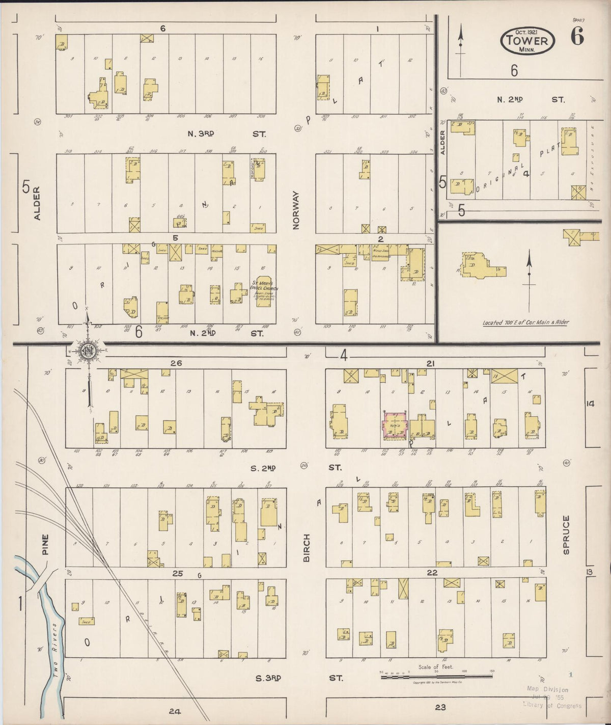 Sanborn Fire Insurance Map from Tower, Saint Louis County, Minnesota (1921), Sheet #0006 - Historic Sanborn Fire Insurance Map Print, vintage old map wall art, antique decor, genealogy gift, Minnesota Minnesota map