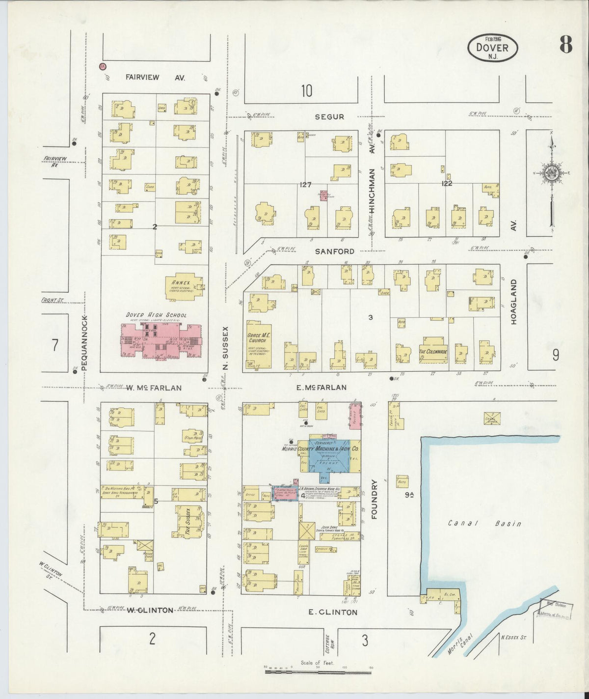 Sanborn Fire Insurance Map from Dover, Morris County, New Jersey (1916), Sheet #0008 - Historic Sanborn Fire Insurance Map Print, vintage old map wall art, antique decor, genealogy gift, New Jersey New Jersey map