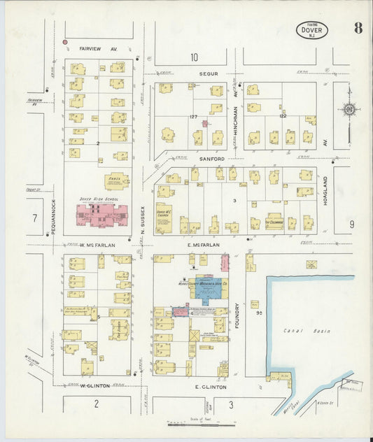 Sanborn Fire Insurance Map from Dover, Morris County, New Jersey (1916), Sheet #0008 - Historic Sanborn Fire Insurance Map Print, vintage old map wall art, antique decor, genealogy gift, New Jersey New Jersey map