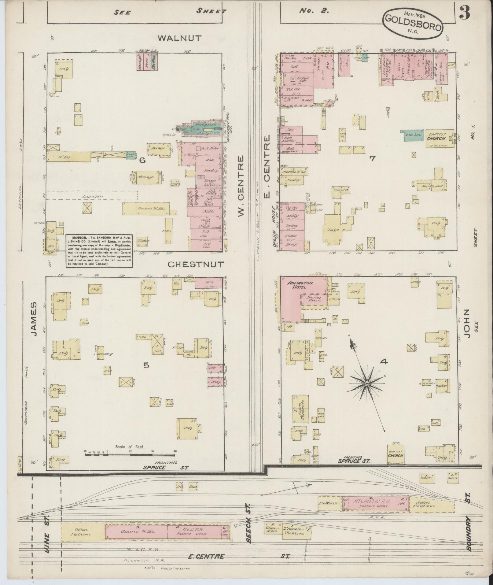 Sanborn Fire Insurance Map from Goldsboro, Wayne County, North Carolina (1885), Sheet #0003 - Complete Map Set gallery image, historic Sanborn map, vintage wall art, North Carolina North Carolina