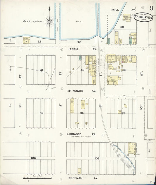 Sanborn Fire Insurance Map from Fairhaven [see also Bellingham and Sehome], Whatcom County, Washington (1891), Sheet #0003 - Historic Sanborn Fire Insurance Map Print, vintage old map wall art, antique decor, genealogy gift, Washington Washington map