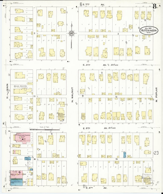 Sanborn Fire Insurance Map from Hutchinson, Reno County, Kansas (1909), Sheet #0008 - Historic Sanborn Fire Insurance Map Print, vintage old map wall art, antique decor, genealogy gift, Kansas Kansas map