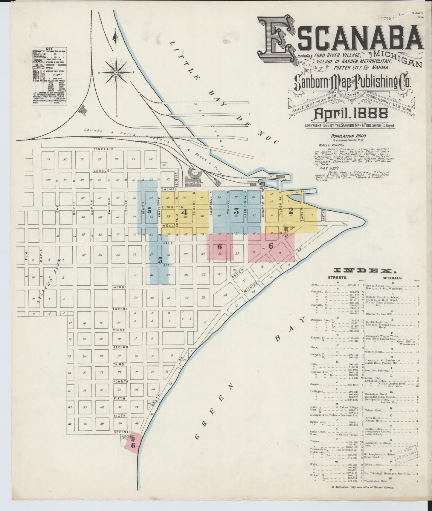 Sanborn Fire Insurance Map from Escanaba, Delta County, Michigan (1888), Sheet #0001 - Complete Map Set gallery image, historic Sanborn map, vintage wall art, Michigan Michigan