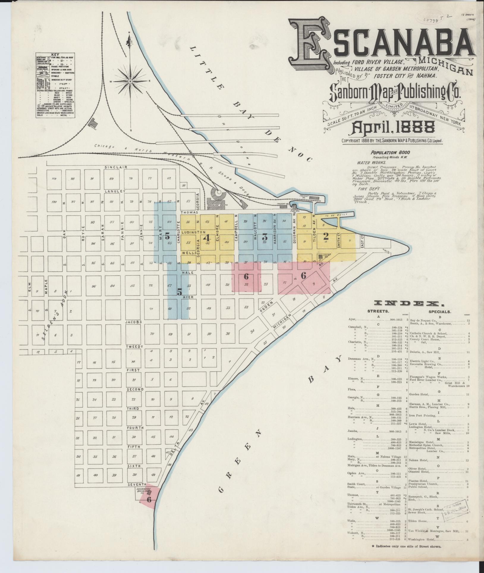 Sanborn Fire Insurance Map from Escanaba, Delta County, Michigan (1888), Sheet #0001 - Complete Map Set gallery image, historic Sanborn map, vintage wall art, Michigan Michigan