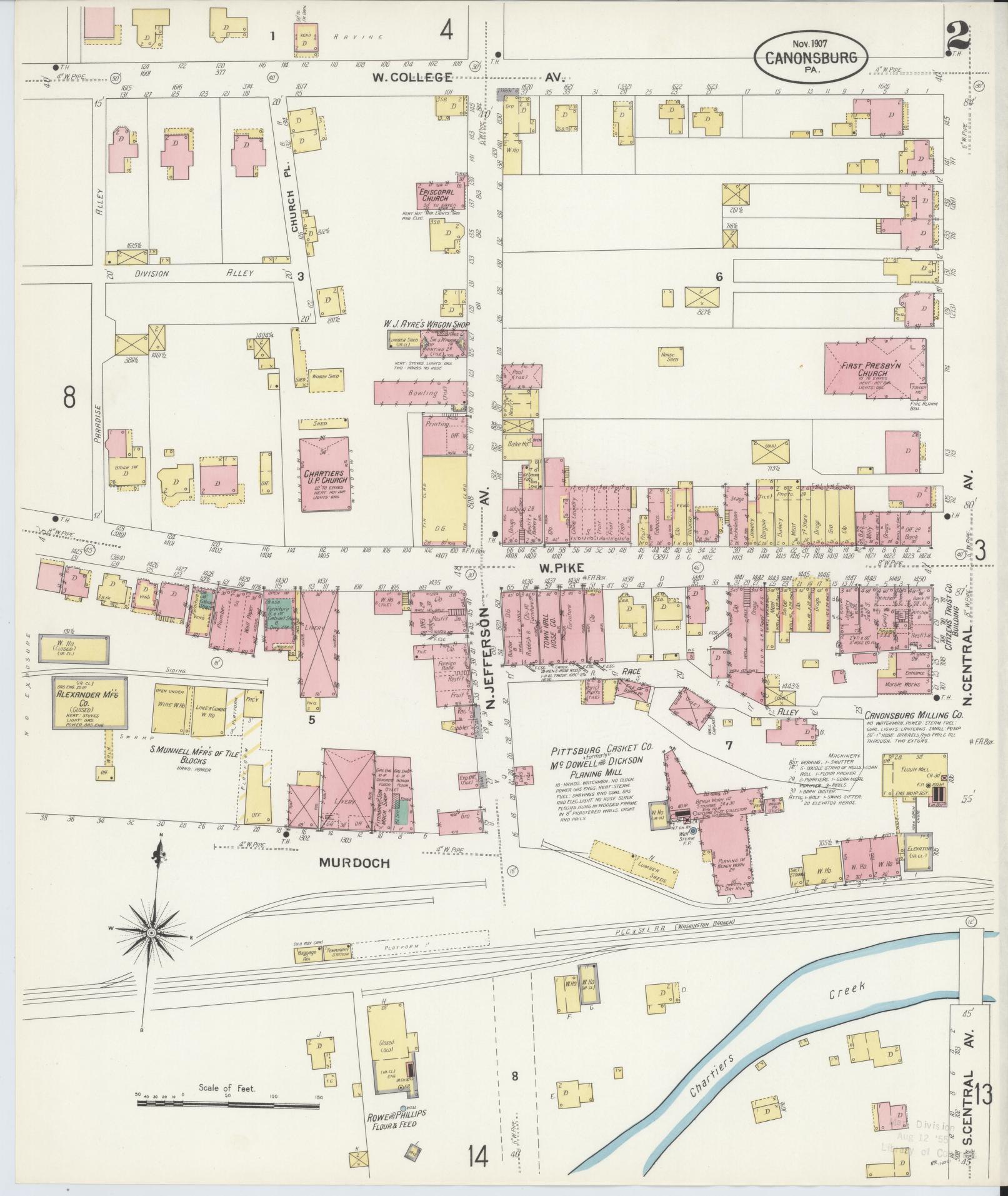 Sanborn Fire Insurance Map from Canonsburg, Washington County, Pennsylvania (1907), Sheet #0002 - Historic Sanborn Fire Insurance Map Print, vintage old map wall art, antique decor, genealogy gift, Pennsylvania Pennsylvania map