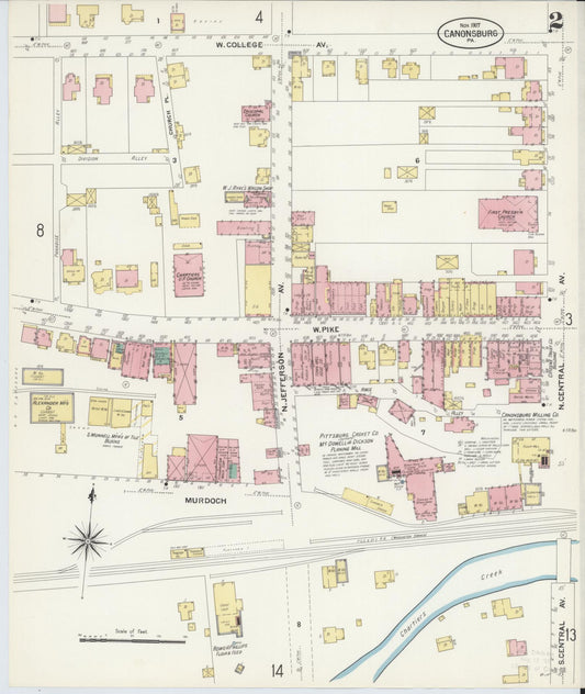 Sanborn Fire Insurance Map from Canonsburg, Washington County, Pennsylvania (1907), Sheet #0002 - Historic Sanborn Fire Insurance Map Print, vintage old map wall art, antique decor, genealogy gift, Pennsylvania Pennsylvania map
