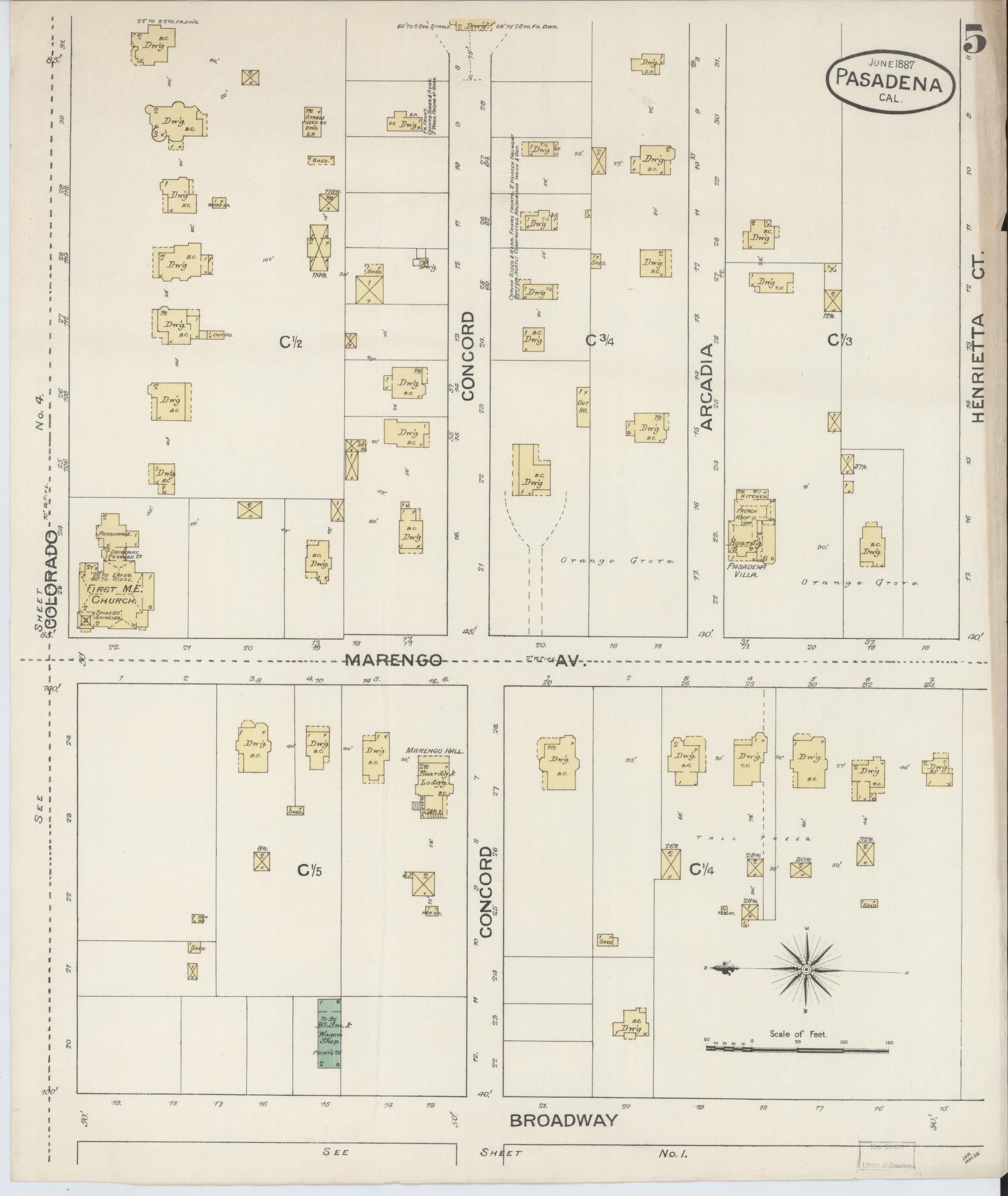 Sanborn Fire Insurance Map from Pasadena, Los Angeles County, California (1887), Sheet #0005 - Complete Map Set gallery image, historic Sanborn map, vintage wall art, California California
