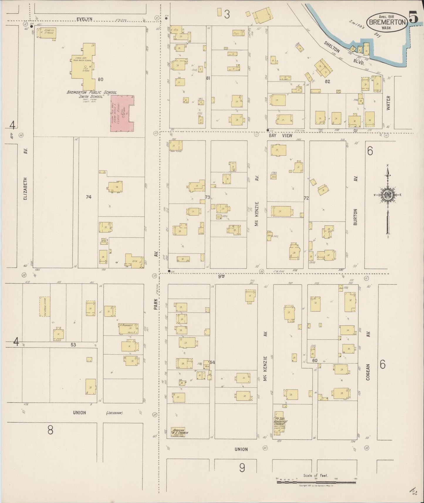 Sanborn Fire Insurance Map from Bremerton, Kitsap County, Washington (1918), Sheet #0005 - Complete Map Set gallery image, historic Sanborn map, vintage wall art, Washington Washington