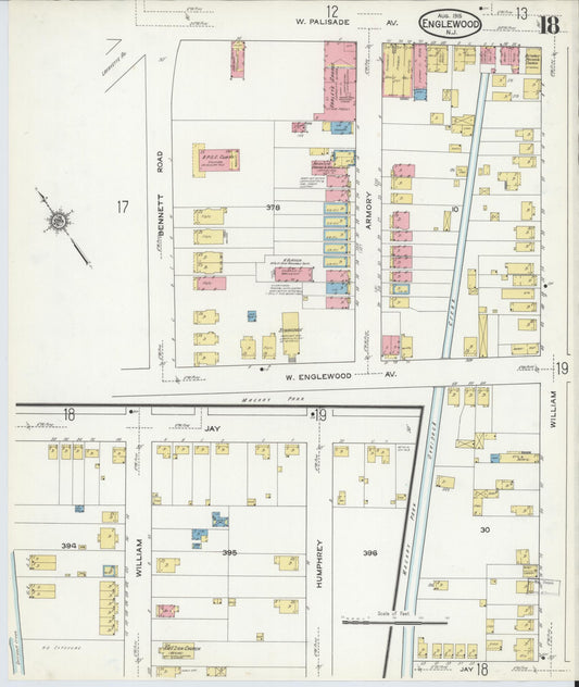 Sanborn Fire Insurance Map from Englewood, Bergen County, New Jersey (1915), Sheet #0018 - Historic Sanborn Fire Insurance Map Print, vintage old map wall art, antique decor, genealogy gift, New Jersey New Jersey map
