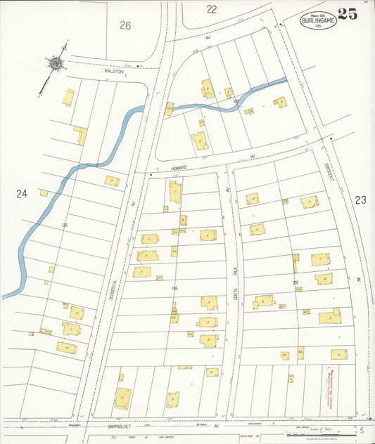 Sanborn Fire Insurance Map from Burlingame, San Mateo County, California (1921), Sheet #0025 - Historic Sanborn Fire Insurance Map Print, vintage old map wall art, antique decor, genealogy gift, California California map
