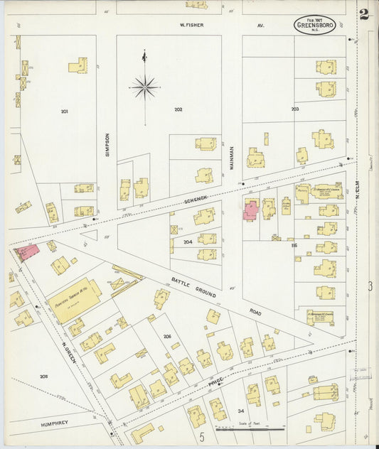 Sanborn Fire Insurance Map from Greensboro, Guilford County, North Carolina (1907), Sheet #0002 - Historic Sanborn Fire Insurance Map Print, vintage old map wall art, antique decor, genealogy gift, North Carolina North Carolina map