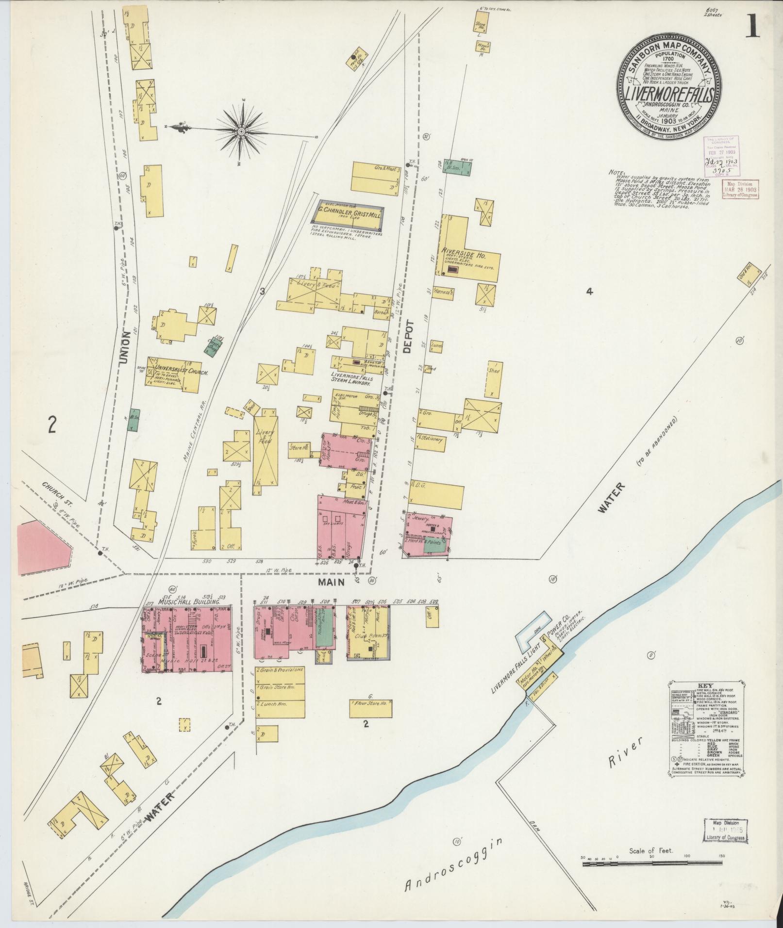 Sanborn Fire Insurance Map from Livermore Falls, Androscoggin County, Maine (1903), Sheet #0001 - Complete Map Set gallery image, historic Sanborn map, vintage wall art, Maine Maine
