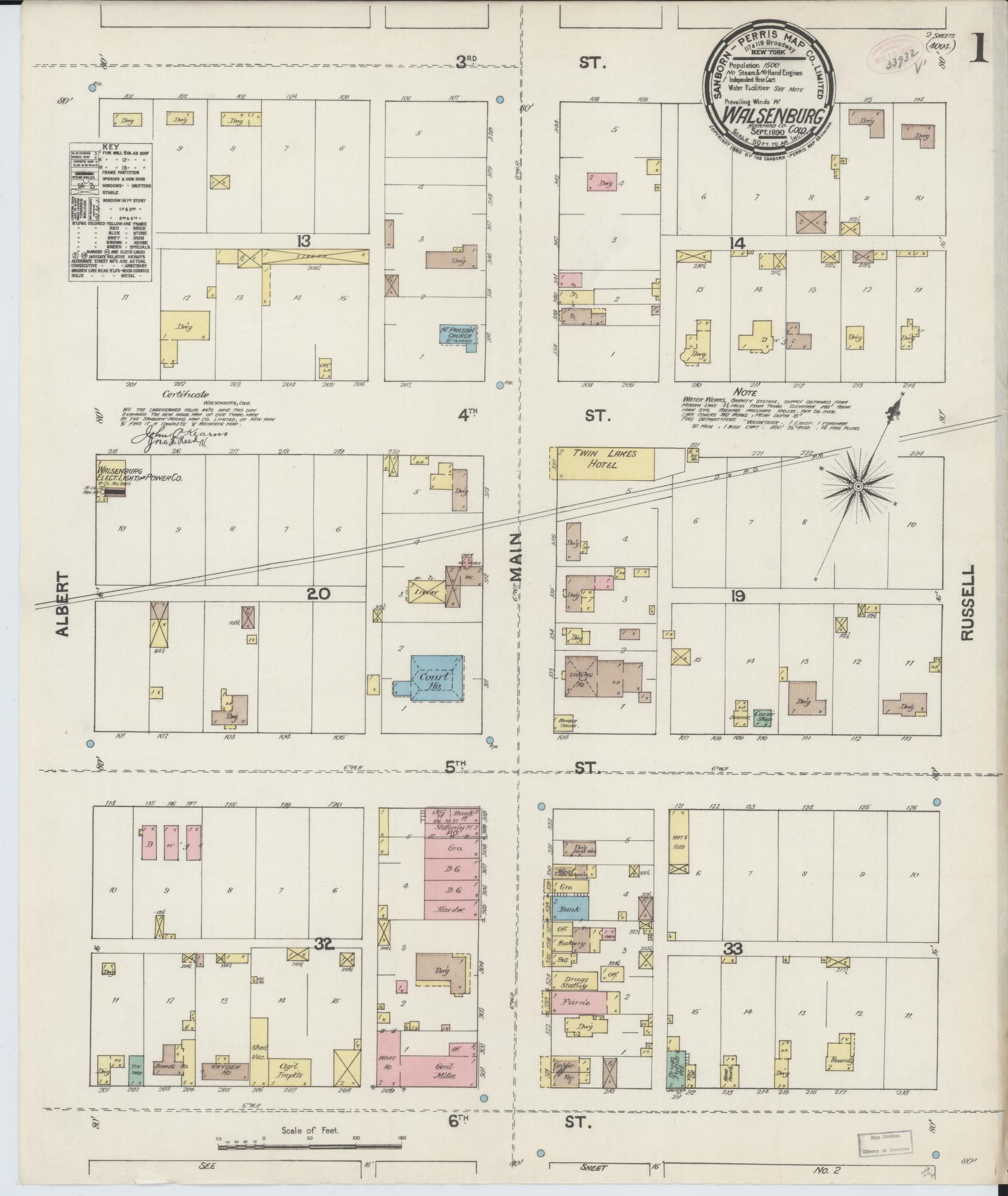 Sanborn Fire Insurance Map from Walsenburg, Huerfano County, Colorado (1890), Sheet #0001 - Complete Map Set gallery image, historic Sanborn map, vintage wall art, Colorado Colorado